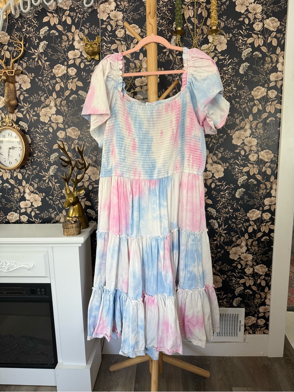 Pastel Tie-Dye Puff Sleeve Tiered Dress - Pink & Blue